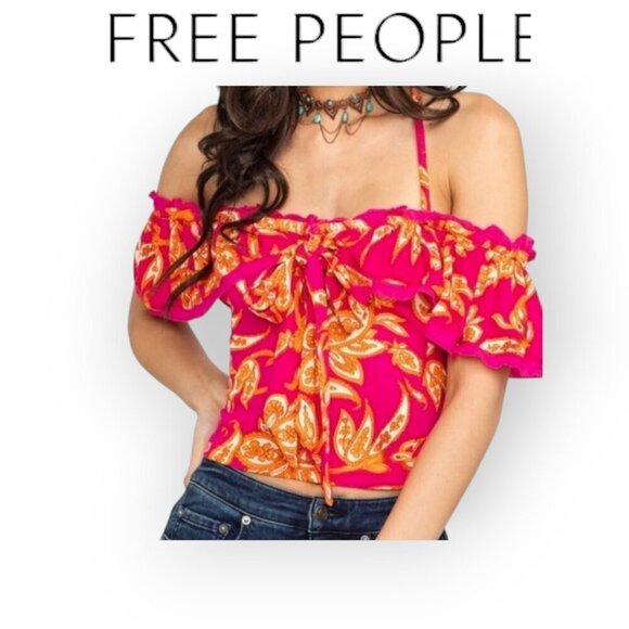 Free People bohemian pink orange floral Cha Cha Cha Cold Shoulder Top Small - Picture 1 of 11